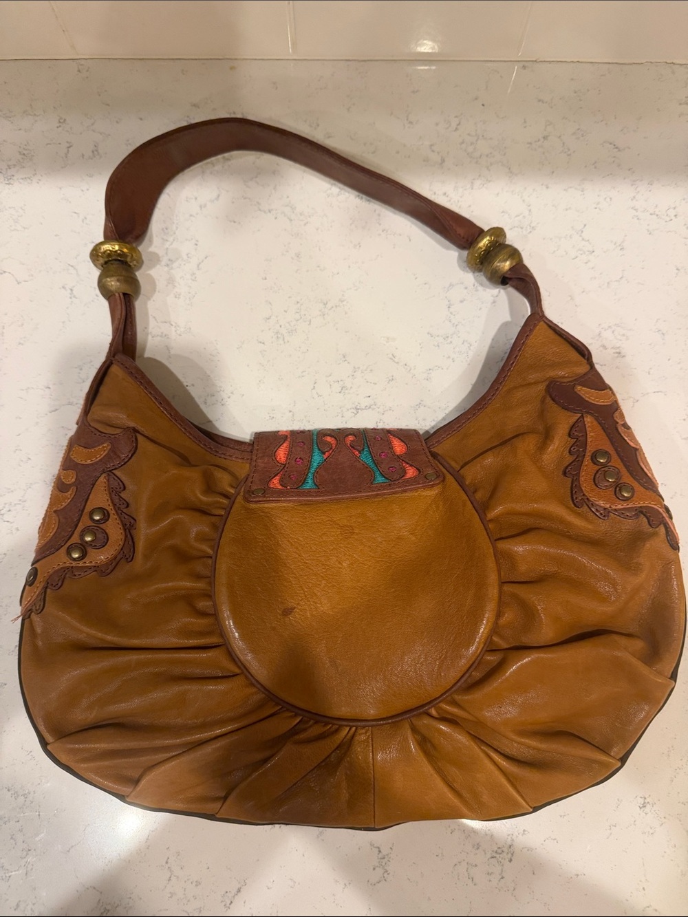 Y2K Colorful Western Brown Leather Shoulder Bag with Multicolor and Stud Flap - Picture 4 of 16